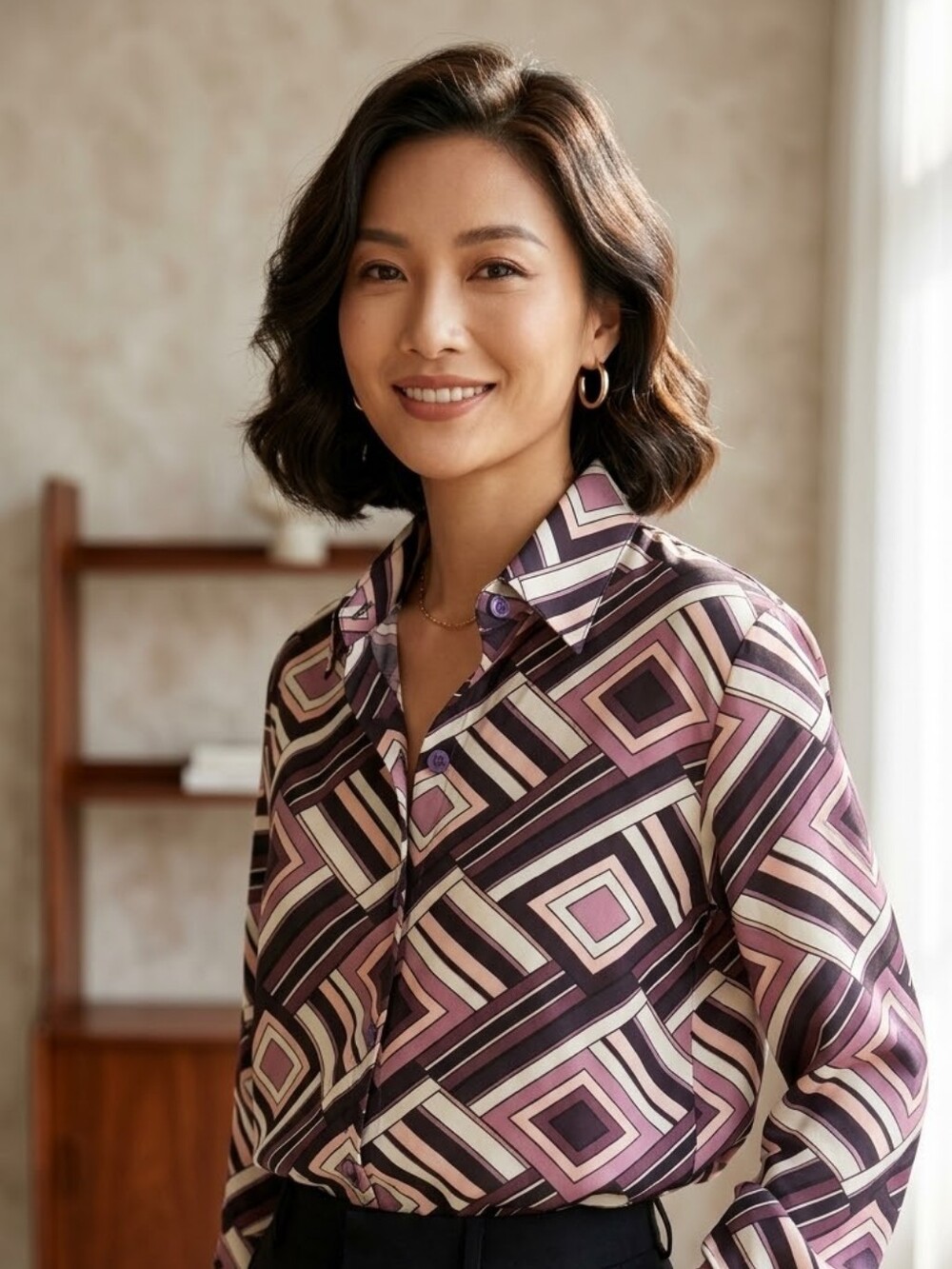 Women's Geometric Print Satin Skirt - Purple/Pink